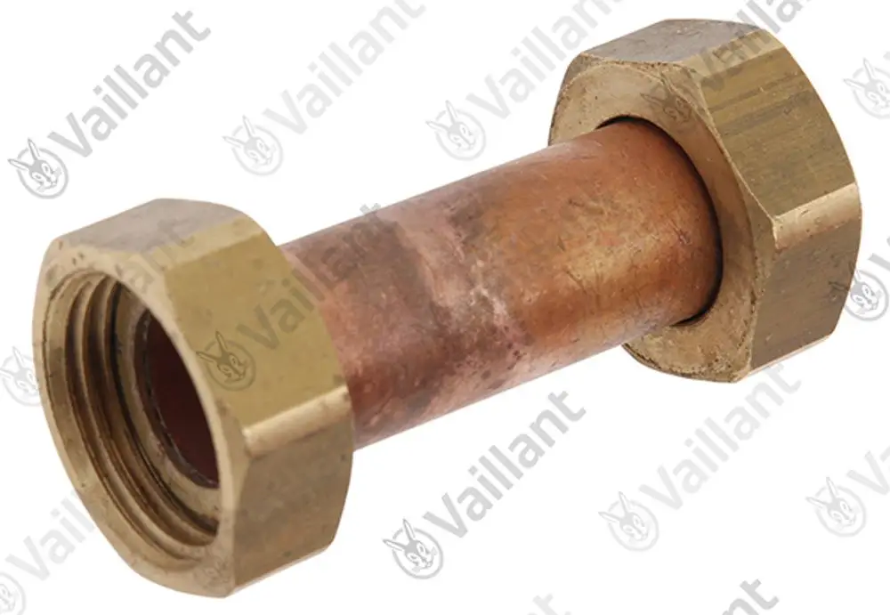 Vaillant Rohr mit zwei Schraubgewinden, aus Kupfer mit einer metallischen Oberfläche und zwei hexagonalen Verbindungsstücken an beiden Enden.
